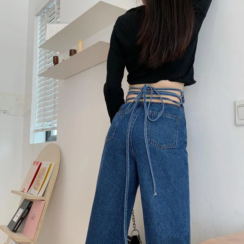 Women's Back Drawstring Straight-leg Denim Pants