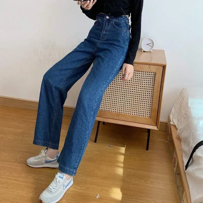 Women's Back Drawstring Straight-leg Denim Pants