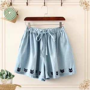 Women's Casual Cats Embroidered Short Jeans With Drawstring Elastic  