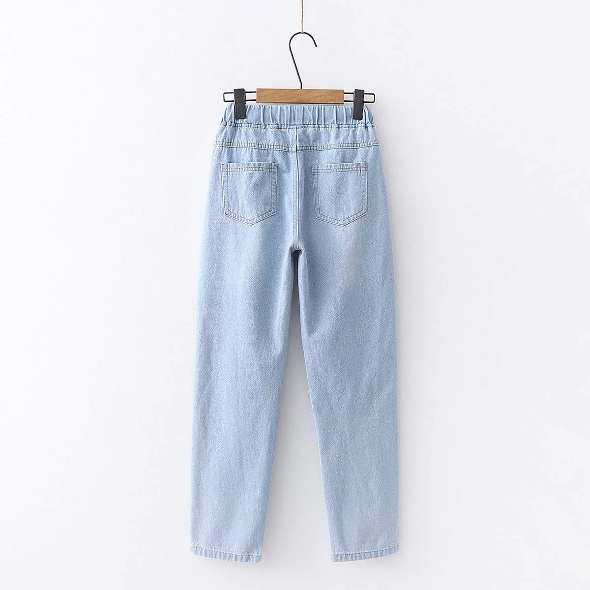 Women's Casual Rabbit Embroidered Elastic Straight Jeans 