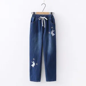 Women's Casual Rabbit Embroidered Elastic Straight Jeans 