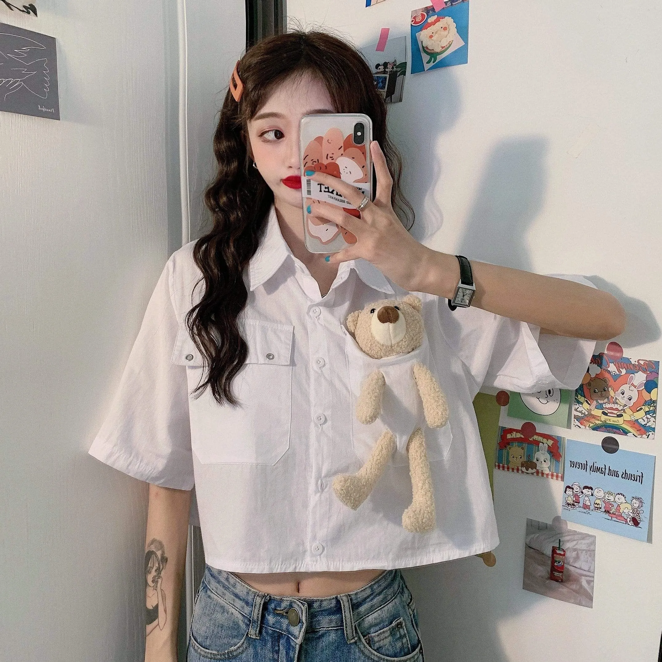 Women's Cute Bear Doll Single-breasted Shirts