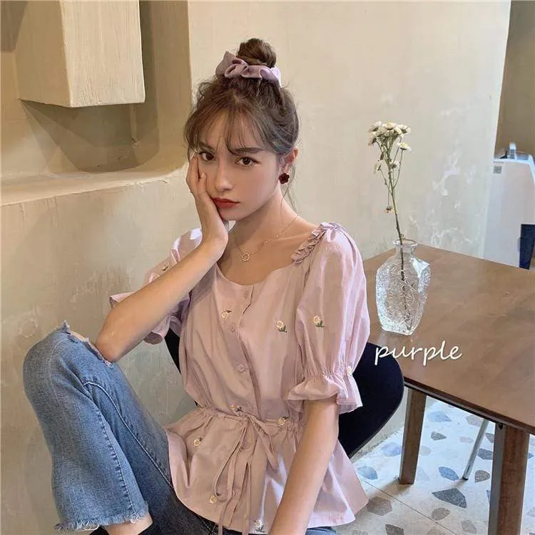 Women's Cute Floral Embroidered Drawstring Shirts